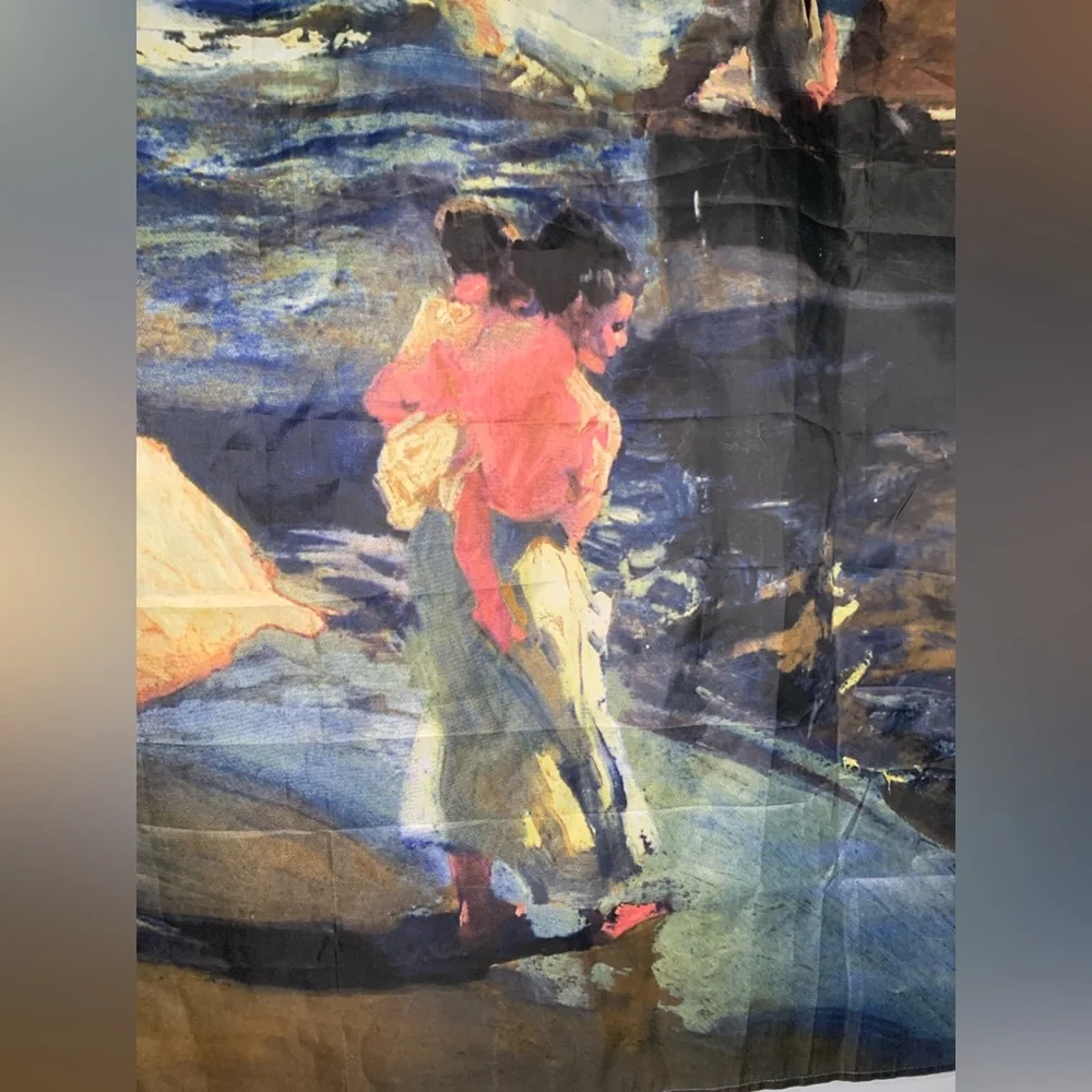 Impressionist Coastal Art Shower Curtain Sail Boats Ocean Beach Scene 71x71